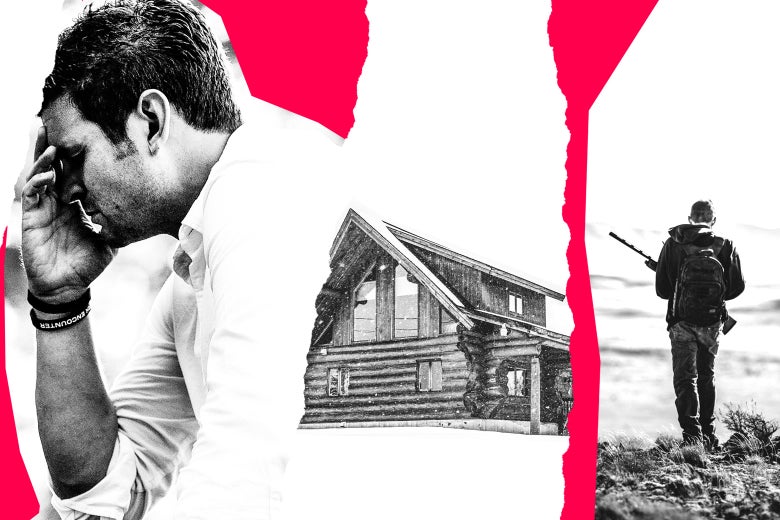 Photo illustration of a cabin, a hunter, and a distraught man.